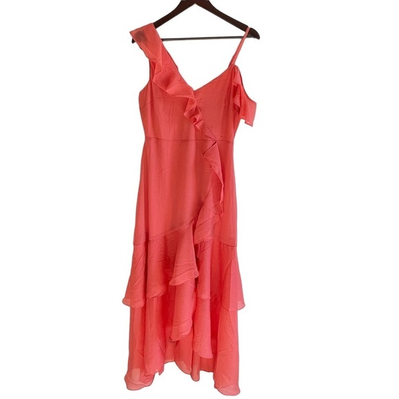 BCBGENERATION Women’s High Low Tiered Ruffled Asymmetric Maxi Dress Coral Size 8 - Picture 4 of 12